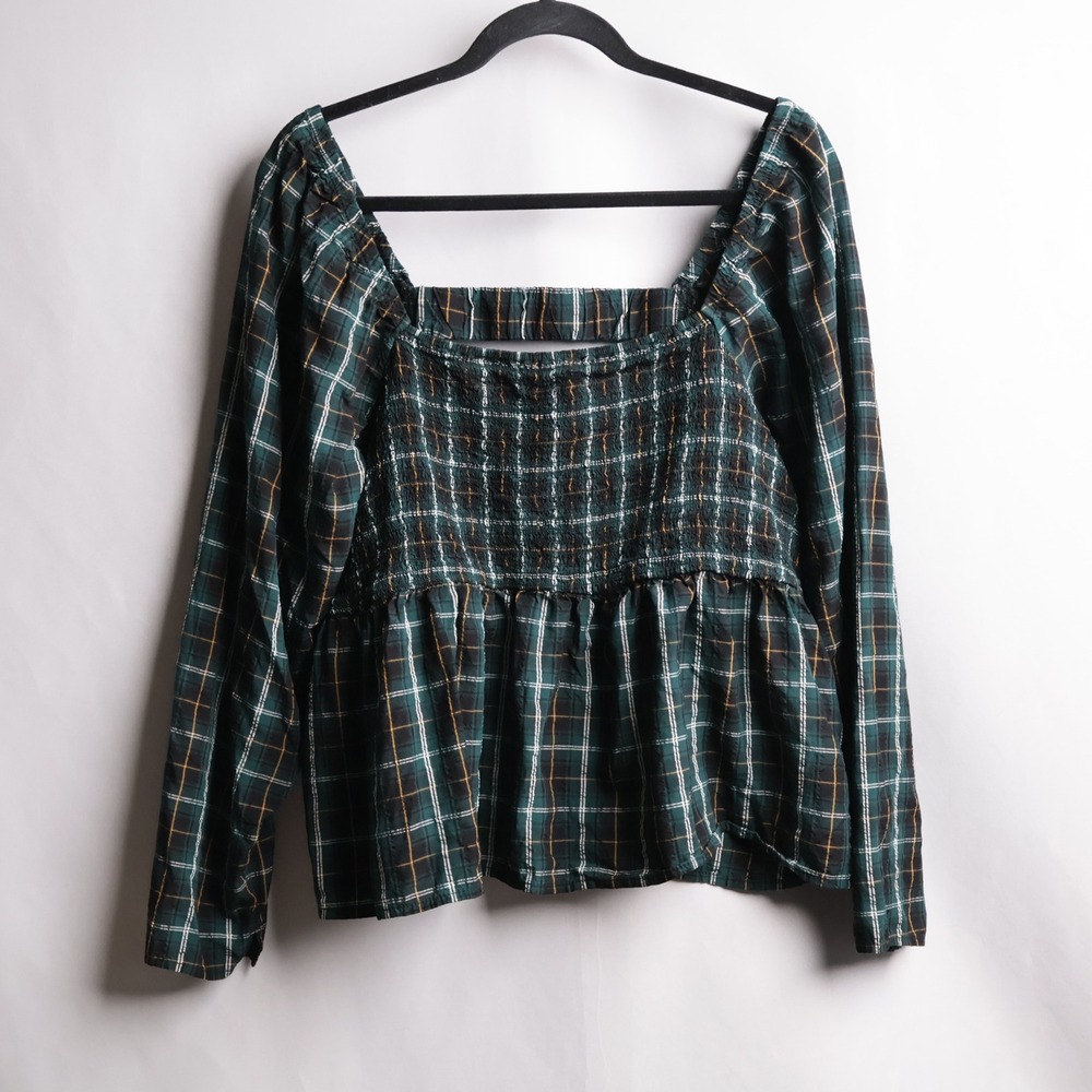 Dark Academia XXL Green Tartan Plaid Smocked Peplum Top LS Square‎ Neck